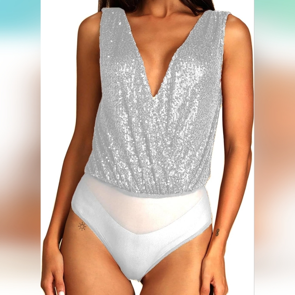 Silver Sequin Sleeveless Bodysuit